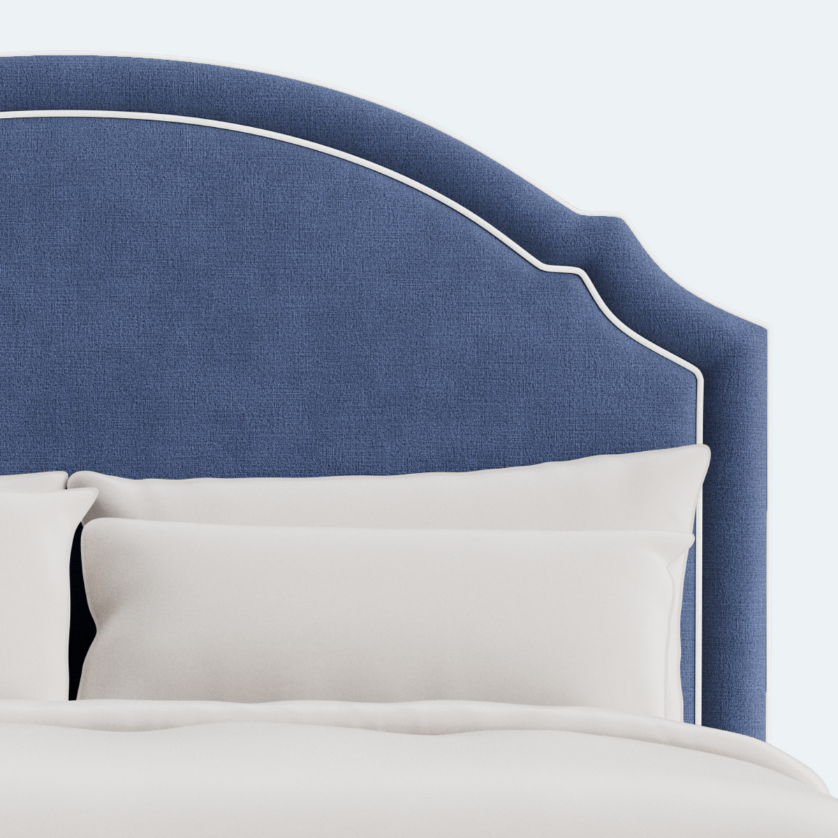 The Grace Queen Bed - Scalloped Legs - Navy Woven Fabric with White Trim