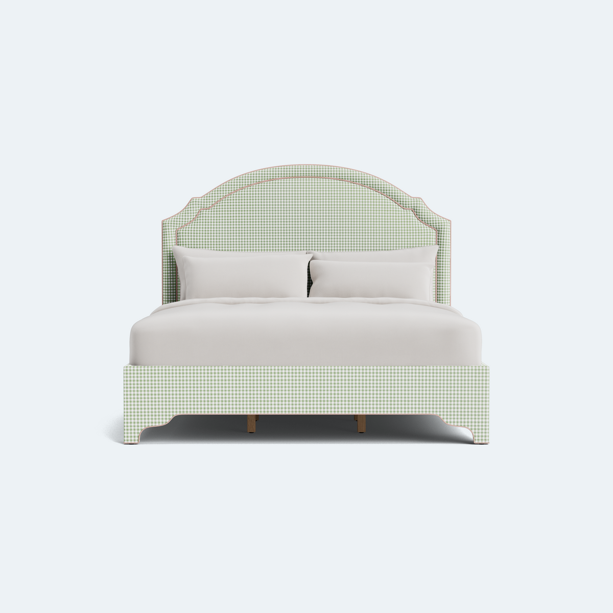The Grace Queen Bed - Sage Green Gingham Fabric - Blush Pink Trim