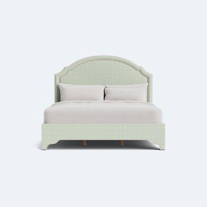 The Grace Queen Bed - Sage Green Gingham Fabric - Blush Pink Trim