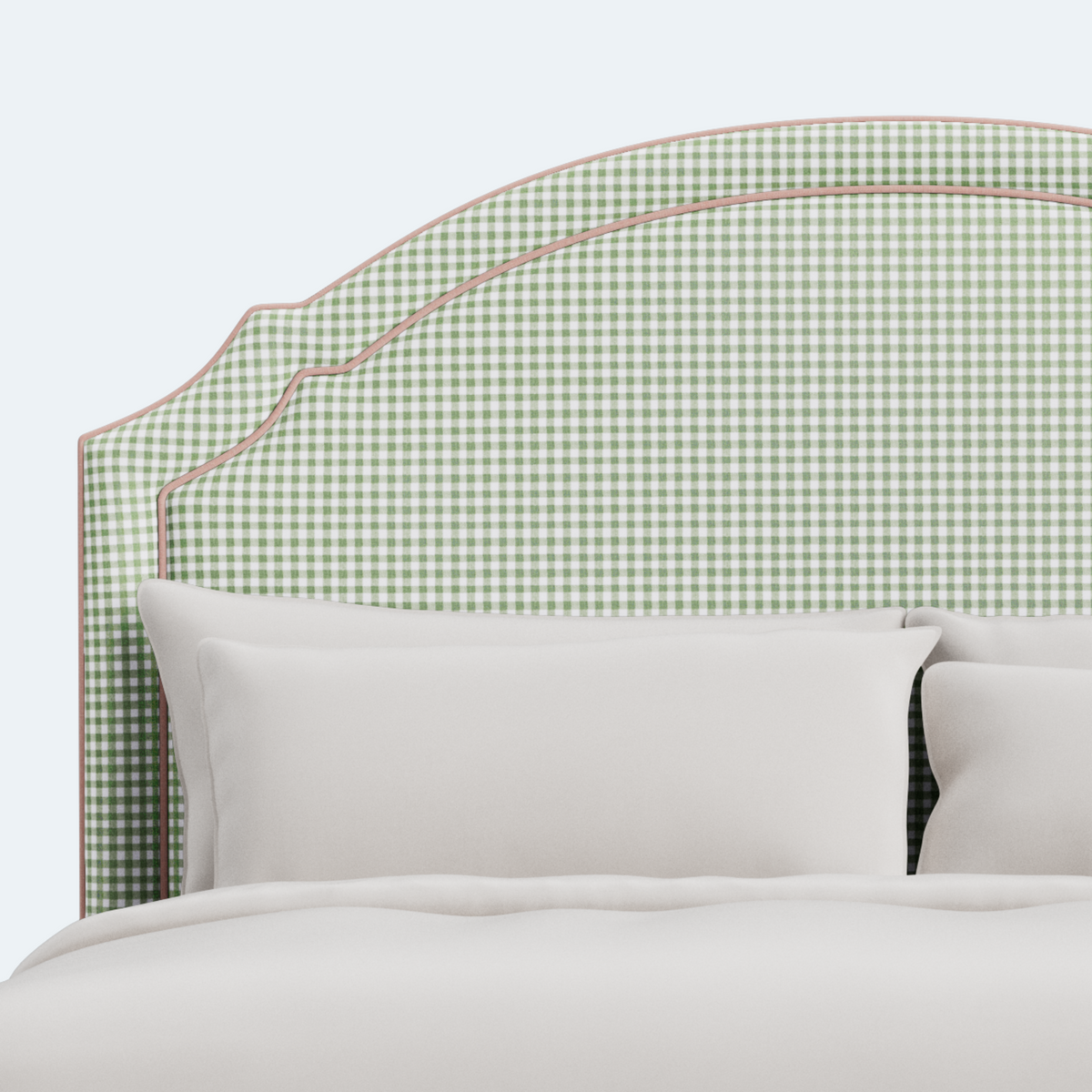 The Grace Queen Bed - Sage Green Gingham Fabric - Blush Pink Trim
