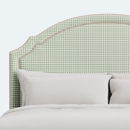 The Grace Queen Bed - Sage Green Gingham Fabric - Blush Pink Trim