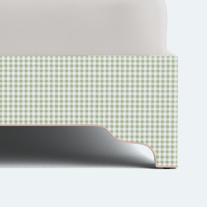 The Grace Queen Bed - Sage Green Gingham Fabric - Blush Pink Trim