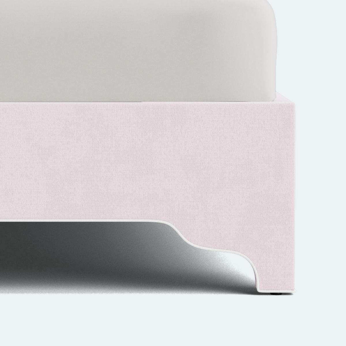 The Addison Queen Bed - Scalloped Legs - Powder Pink Woven Fabric - White Trim