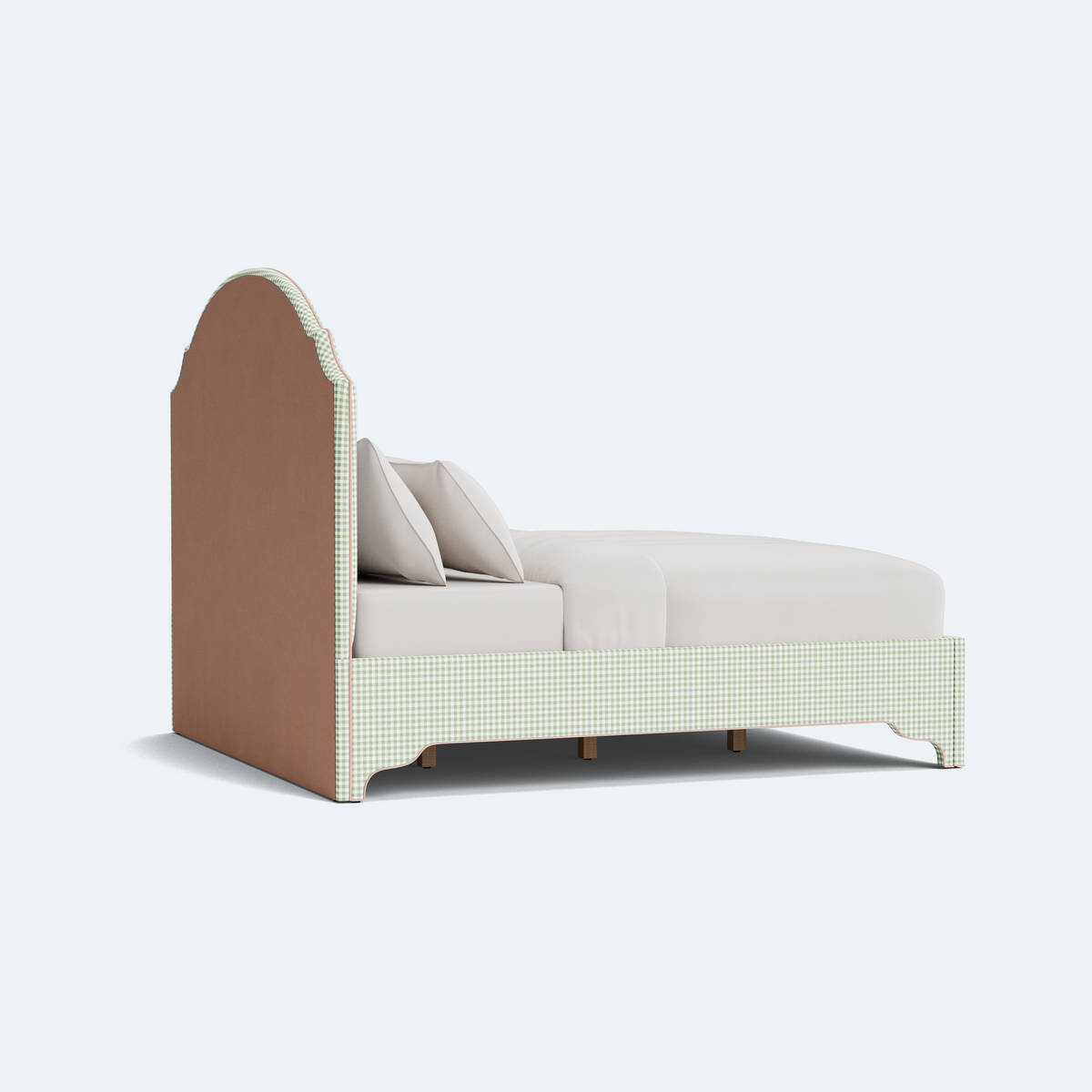 The Grace Queen Bed - Sage Green Gingham Fabric - Blush Pink Trim