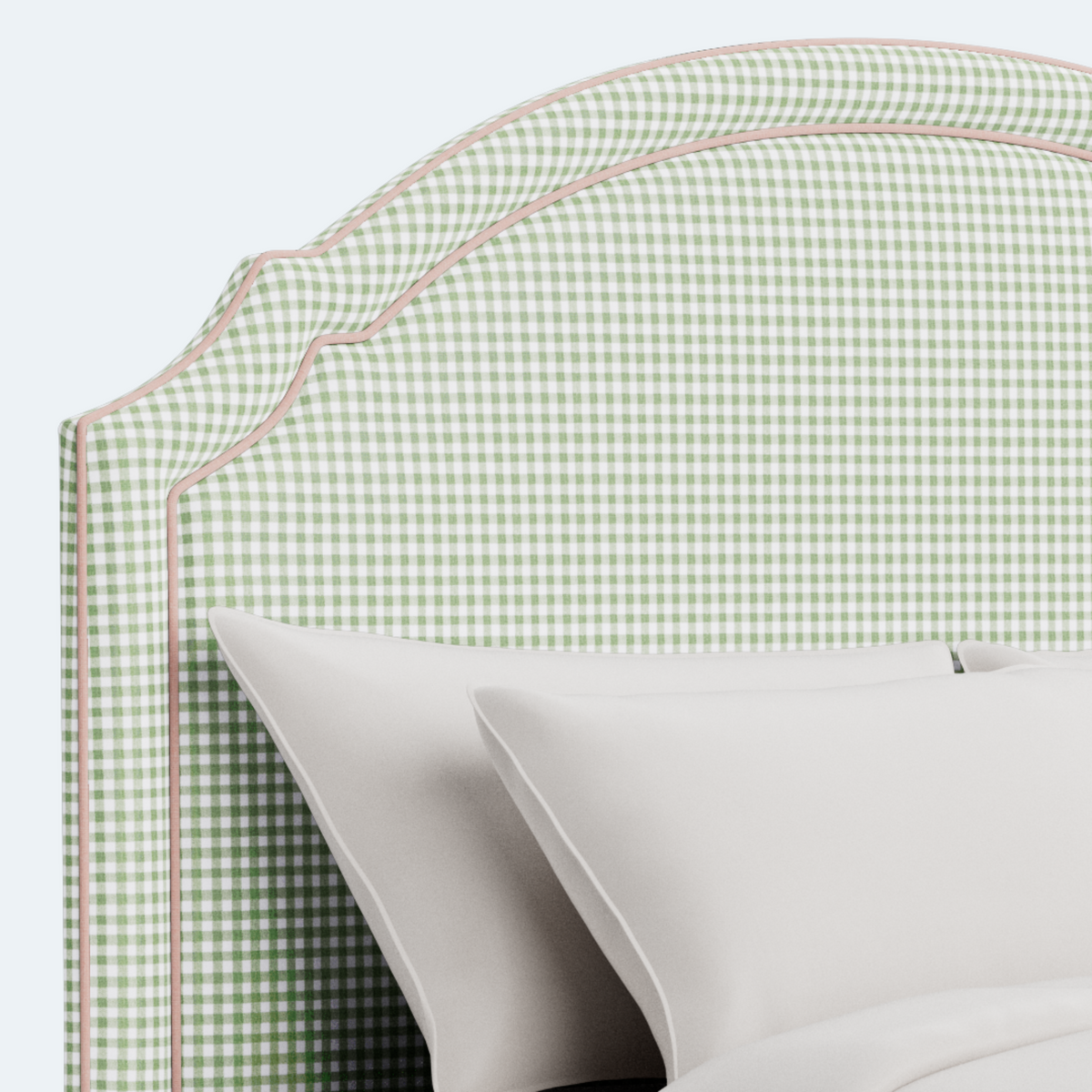 The Grace Queen Bed - Sage Green Gingham Fabric - Blush Pink Trim