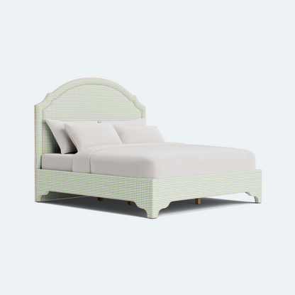 The Grace Queen Bed - Sage Green Gingham Fabric - Blush Pink Trim