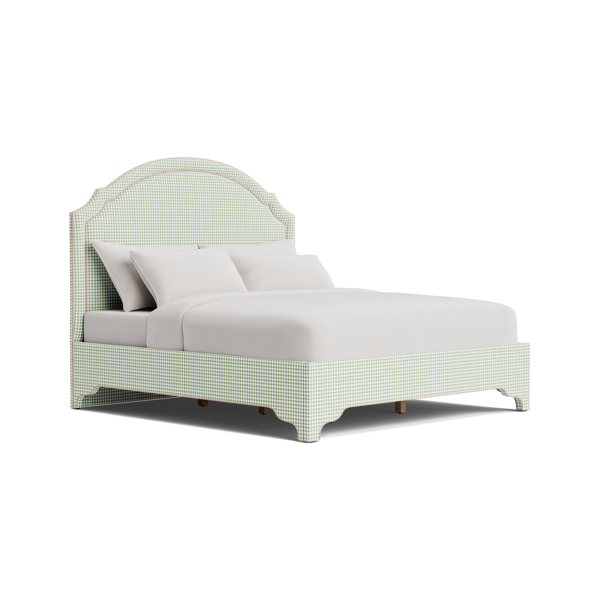 The Grace Queen Bed - Sage Green Gingham Fabric - Blush Pink Trim