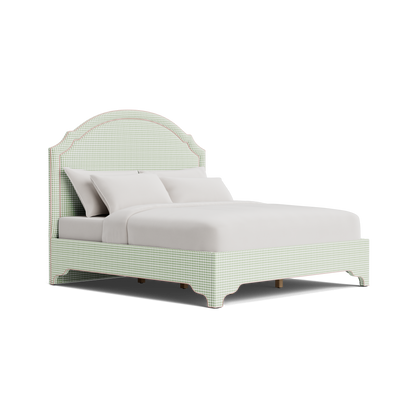 The Grace Queen Bed - Sage Green Gingham Fabric - Blush Pink Trim