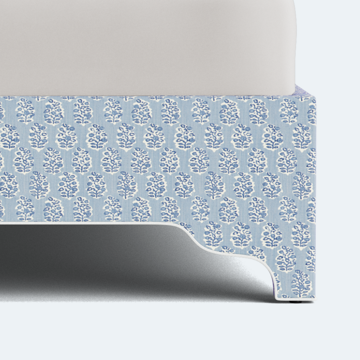 The Addison Queen Bed - Scalloped Legs - Perry Blue Polyester Fabric - White Trim