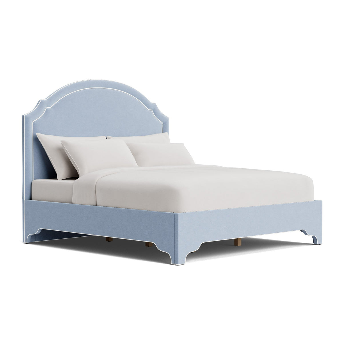 The Grace King Platform Bed - Scalloped Legs - Performance Ashley Blue Chenille Fabric - White Trim