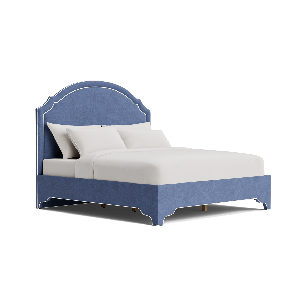 The Grace Queen Bed - Scalloped Legs - Navy Woven Fabric with White Trim