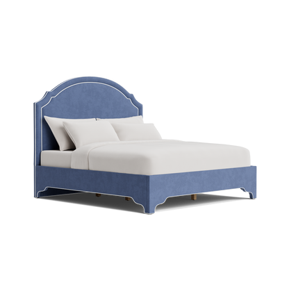 The Grace Queen Bed - Scalloped Legs - Navy Woven Fabric with White Trim