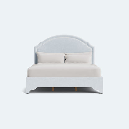 The Grace King Platform Bed - Scalloped Legs - Crypton Oxford Blue Fabric - White Trim