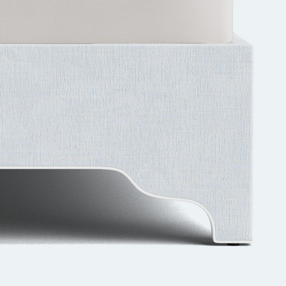 The Grace King Platform Bed - Scalloped Legs - Crypton Oxford Blue Fabric - White Trim