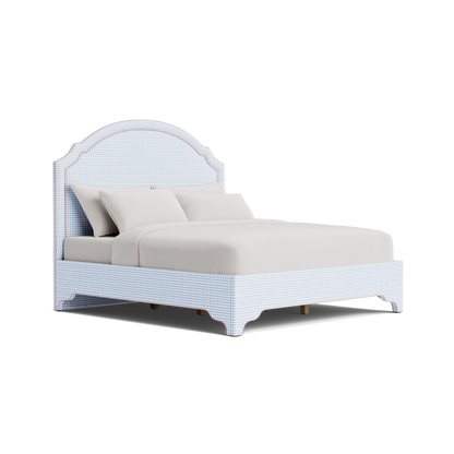 The Grace Queen Bed - Blue Gingham Fabric - Blush Pink Trim