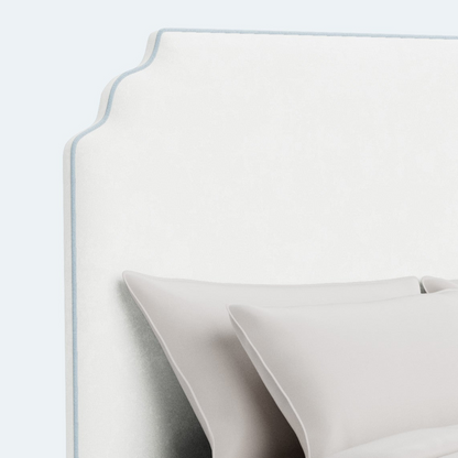 The Helena King Bed - Scalloped Legs - White Performance Velvet Fabric - Sky Blue Trim