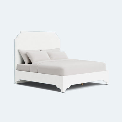 The Helena King Bed - Scalloped Legs - White Performance Velvet Fabric - Sky Blue Trim