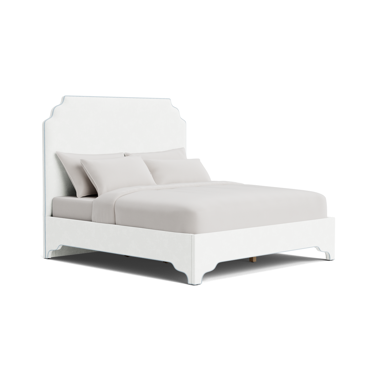 The Helena King Bed - Scalloped Legs - White Performance Velvet Fabric - Sky Blue Trim