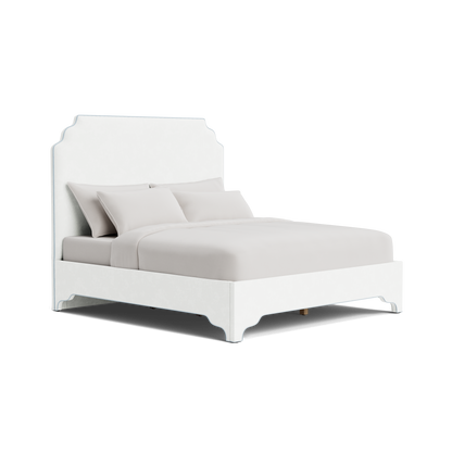 The Helena King Bed - Scalloped Legs - White Performance Velvet Fabric - Sky Blue Trim