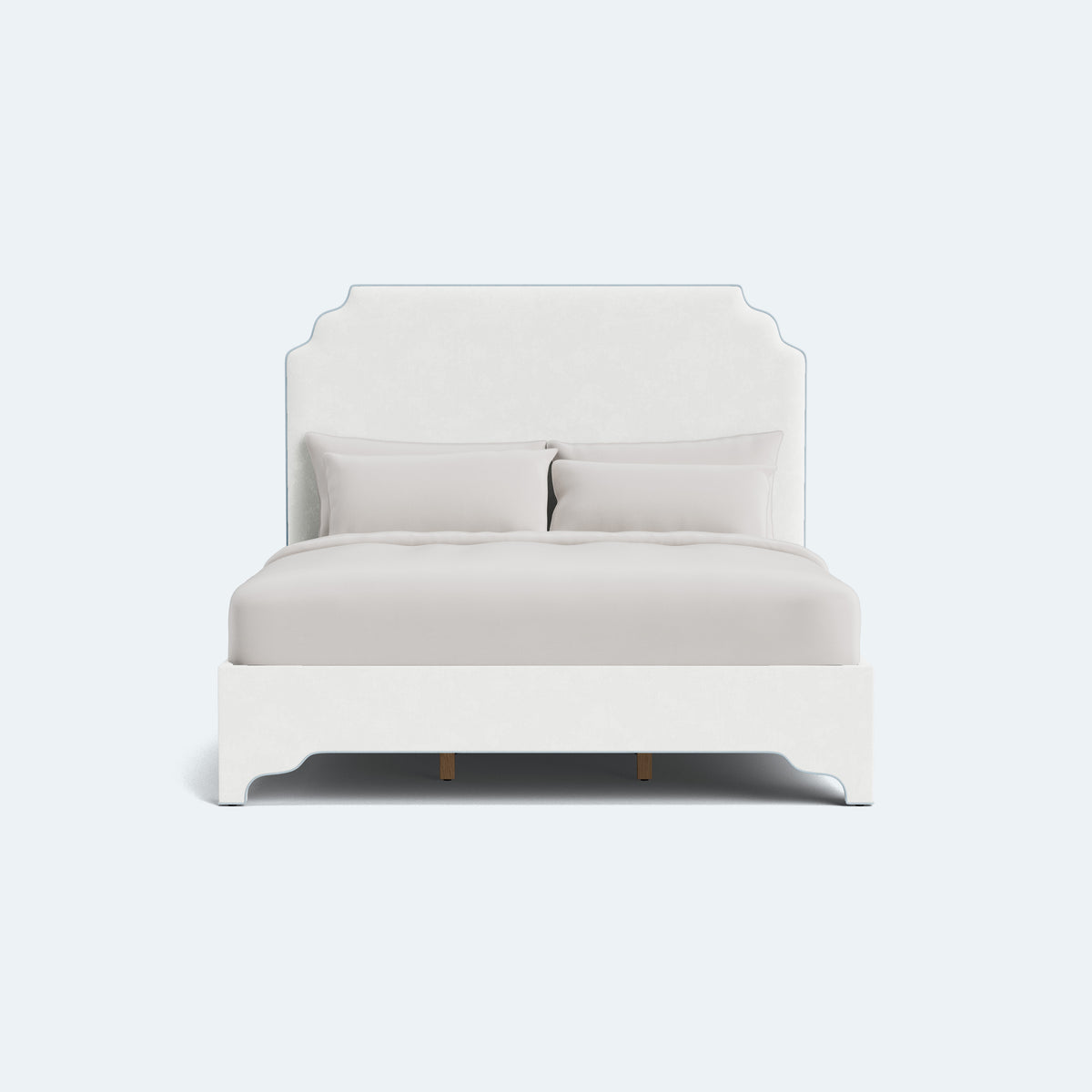 The Helena King Bed - Scalloped Legs - White Performance Velvet Fabric - Sky Blue Trim