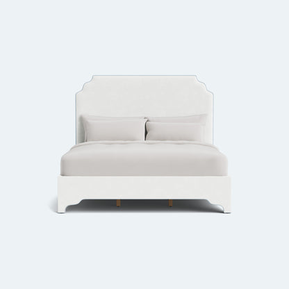 The Helena King Bed - Scalloped Legs - White Performance Velvet Fabric - Sky Blue Trim