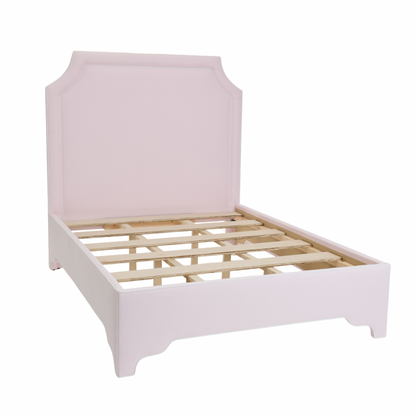 65” H Queen Upholstered Platform Bed - Scalloped Legs - Powder Pink Woven Fabric with White Trim