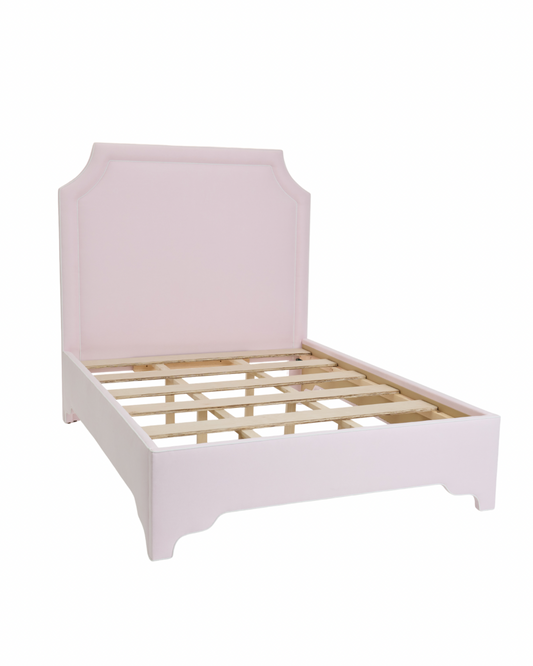 65” H Queen Upholstered Platform Bed - Scalloped Legs - Powder Pink Woven Fabric with White Trim