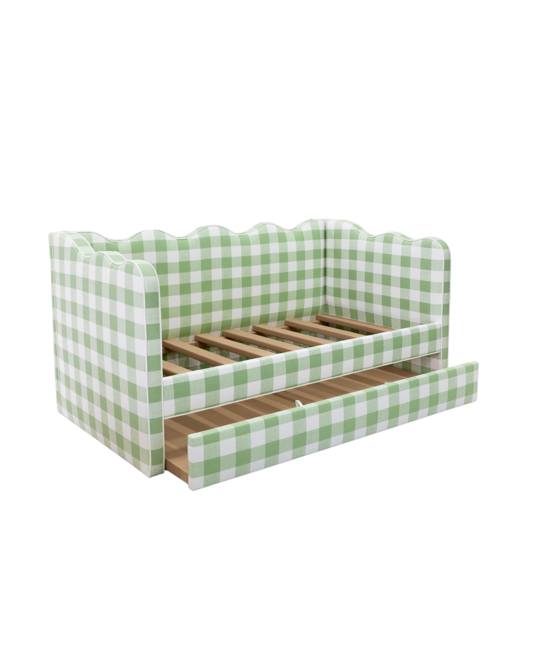 The Waverly Twin Trundle Daybed - Scalloped - Buffalo Sage Green Fabric - White Trim
