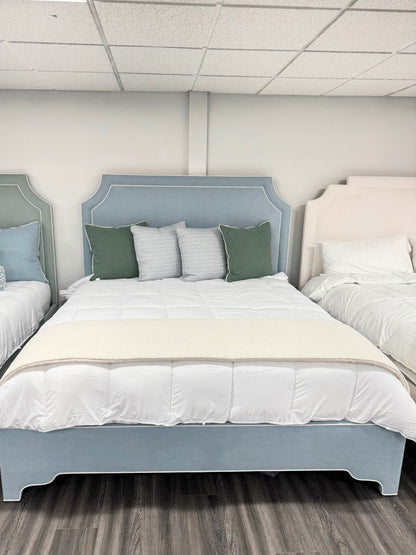 65" H King Platform Bed - Scalloped Legs - Sky Blue Woven Fabric with White Trim