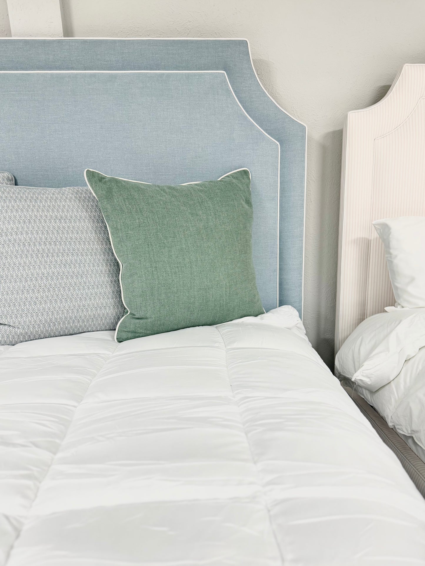 65" H King Platform Bed - Scalloped Legs - Sky Blue Woven Fabric with White Trim