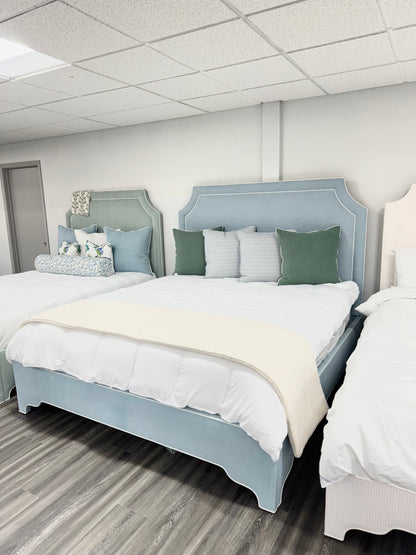 65" H King Platform Bed - Scalloped Legs - Sky Blue Woven Fabric with White Trim