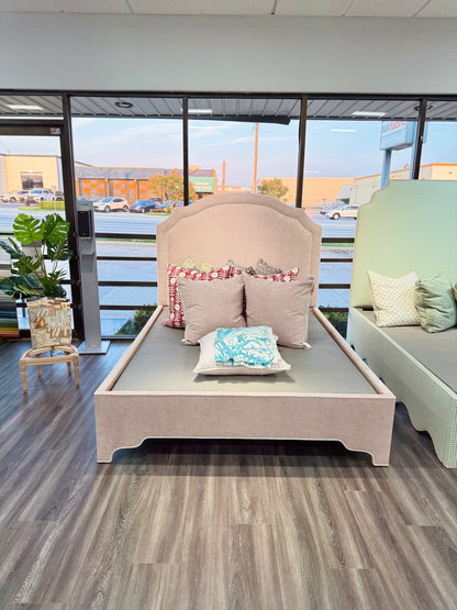 60" H Queen Upholstered Platform Bed - Scalloped Legs - Pale Pink Chenille Fabric with White Trim