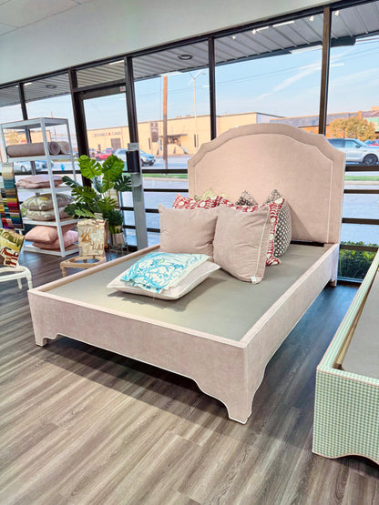 60" H Queen Upholstered Platform Bed - Scalloped Legs - Pale Pink Chenille Fabric with White Trim