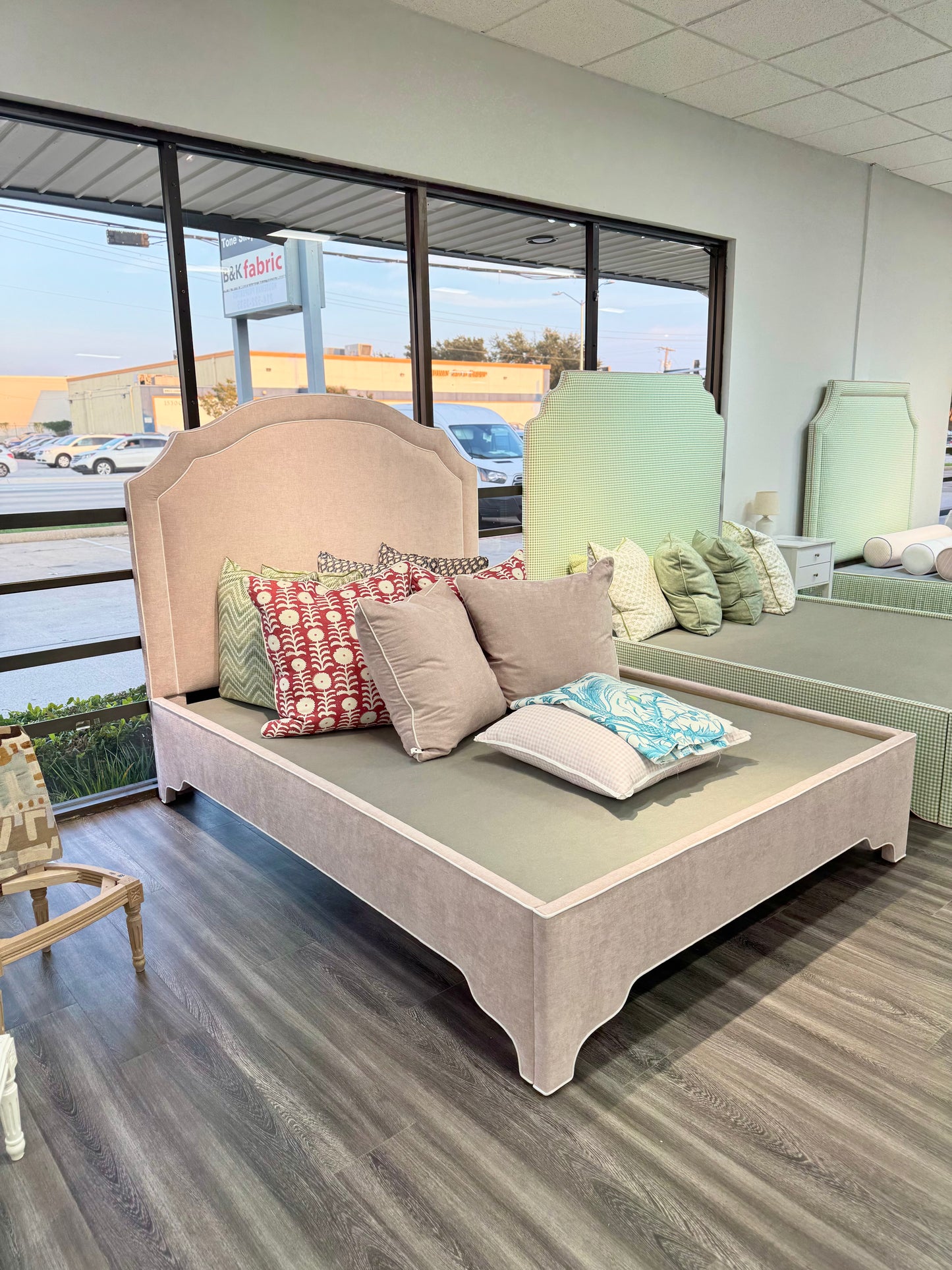 60" H Queen Upholstered Platform Bed - Scalloped Legs - Pale Pink Chenille Fabric with White Trim