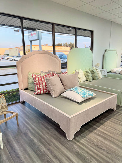 60" H Queen Upholstered Platform Bed - Scalloped Legs - Pale Pink Chenille Fabric with White Trim