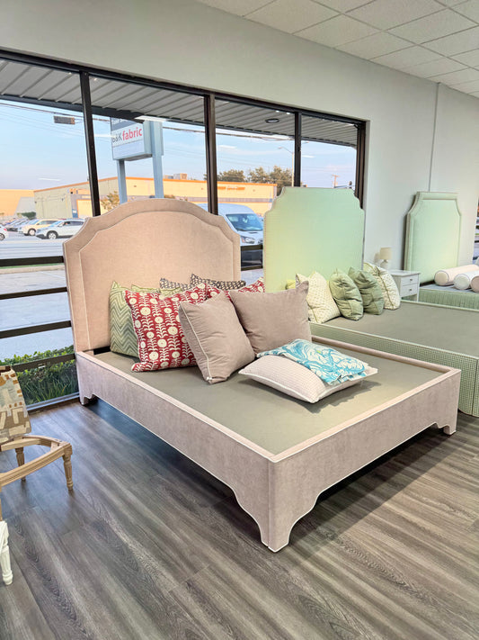 60" H Queen Upholstered Platform Bed - Scalloped Legs - Pale Pink Chenille Fabric with White Trim