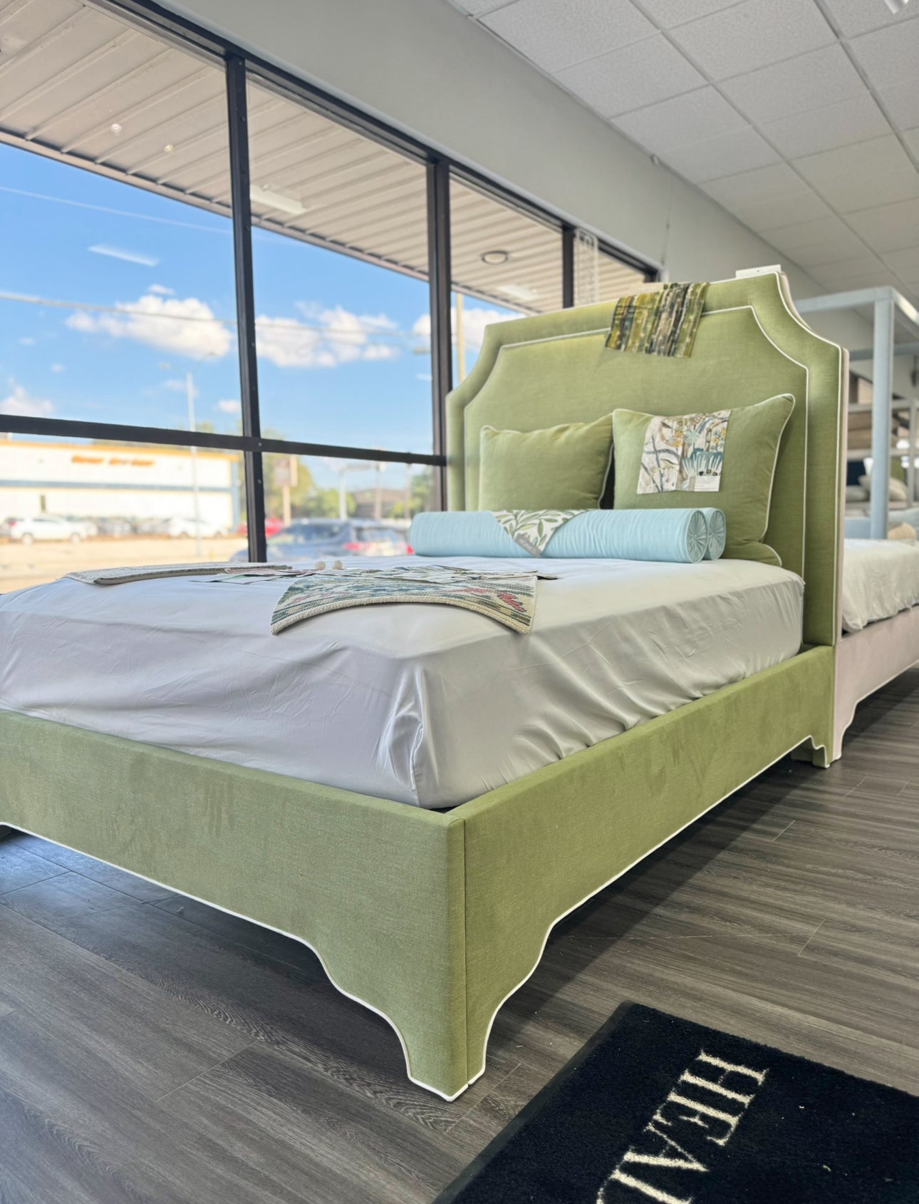 65" H Queen Upholstered Platform Bed - Scalloped Legs - Pistachio Green Woven Fabric with White Trim