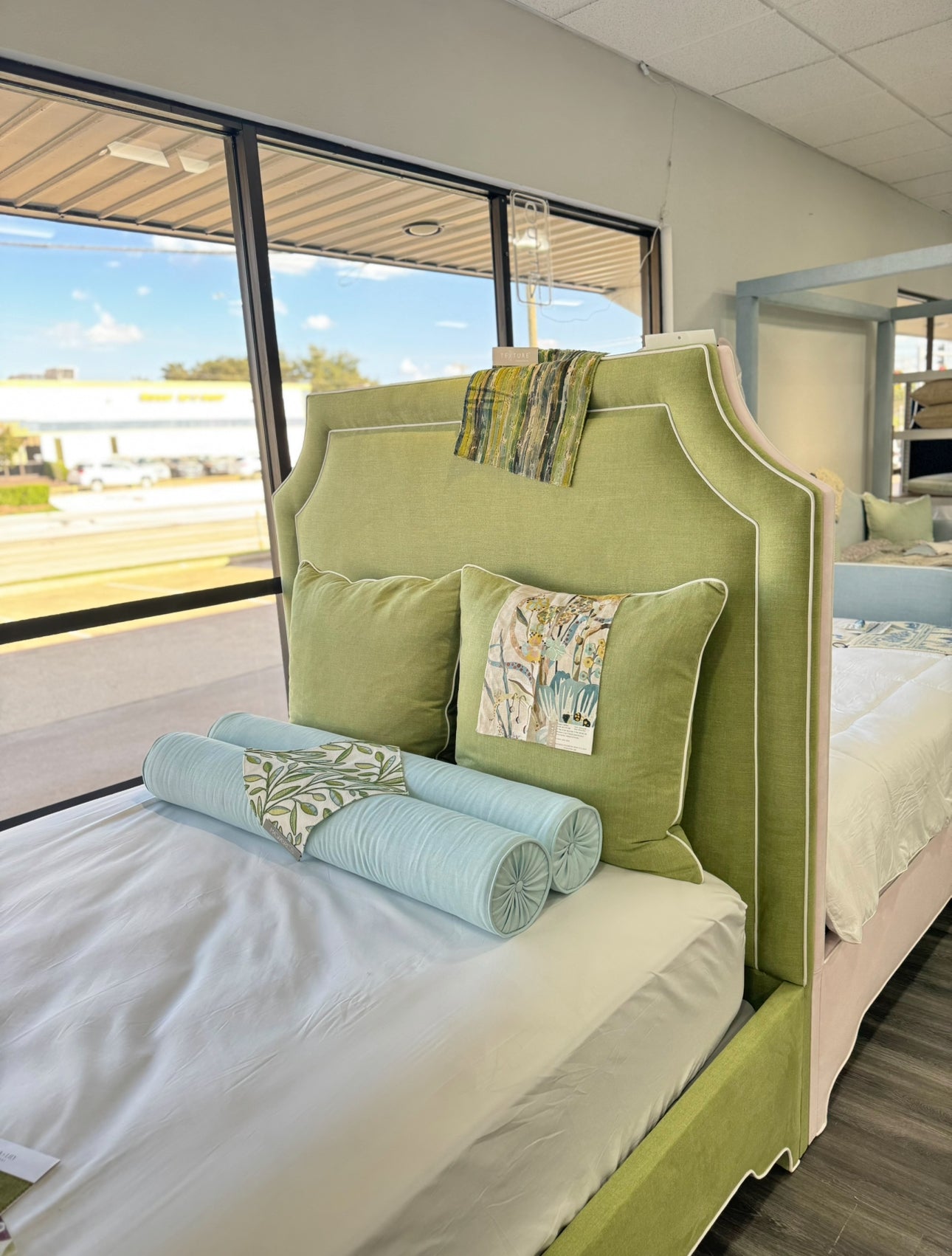 65" H Queen Upholstered Platform Bed - Scalloped Legs - Pistachio Green Woven Fabric with White Trim