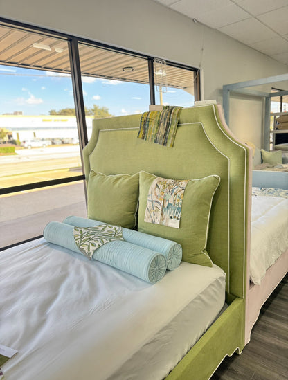 65" H Queen Upholstered Platform Bed - Scalloped Legs - Pistachio Green Woven Fabric with White Trim
