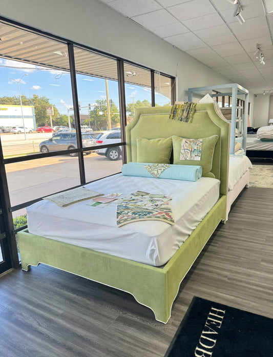 65" H Queen Upholstered Platform Bed - Scalloped Legs - Pistachio Green Woven Fabric with White Trim