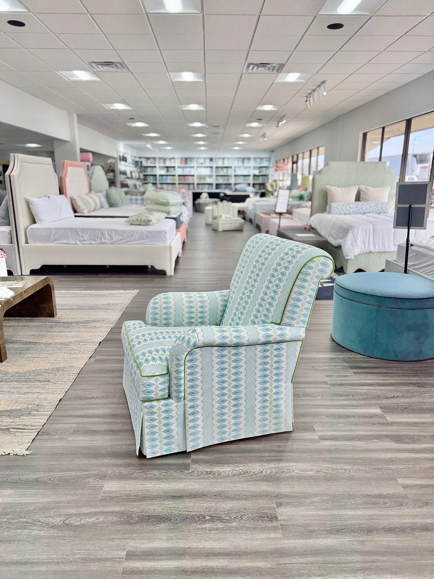 Tight back Waterfall Lounge Chair in Print Fabric - Contrast Piping