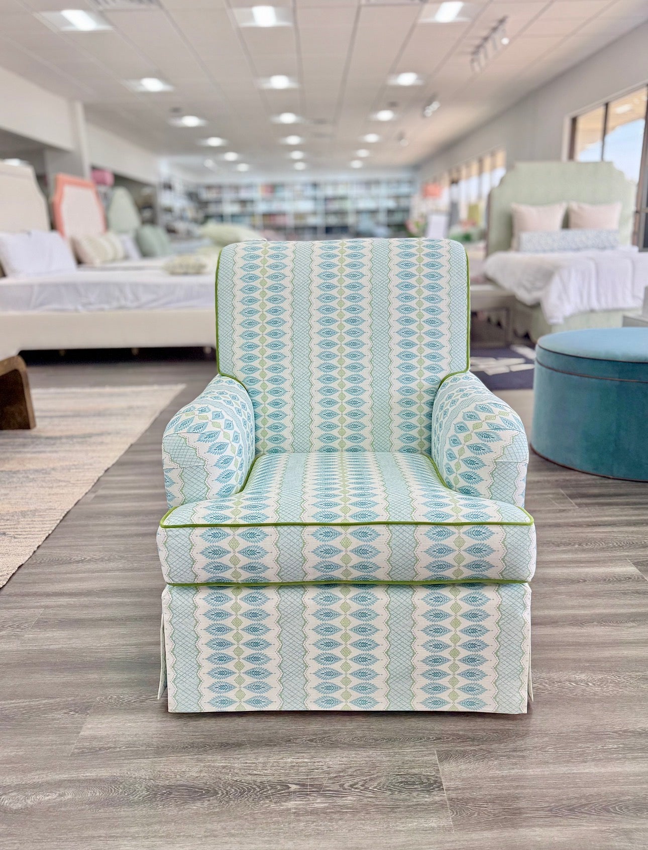 Tight back Waterfall Lounge Chair in Print Fabric - Contrast Piping