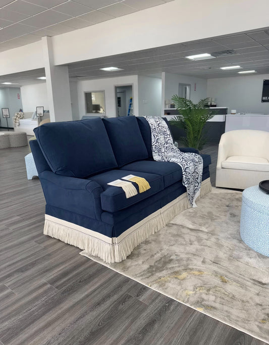 84"L Sofa in Performance Navy Velvet with Bullion Fringe- Premium Custom Frame