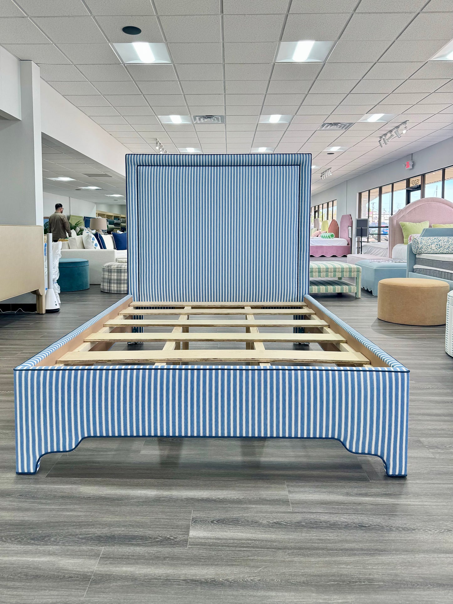 The Jacob Queen Bed - Schumacher Striped Fabric - Navy Trim