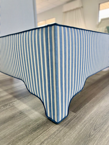 The Jacob Queen Bed - Schumacher Striped Fabric - Navy Trim