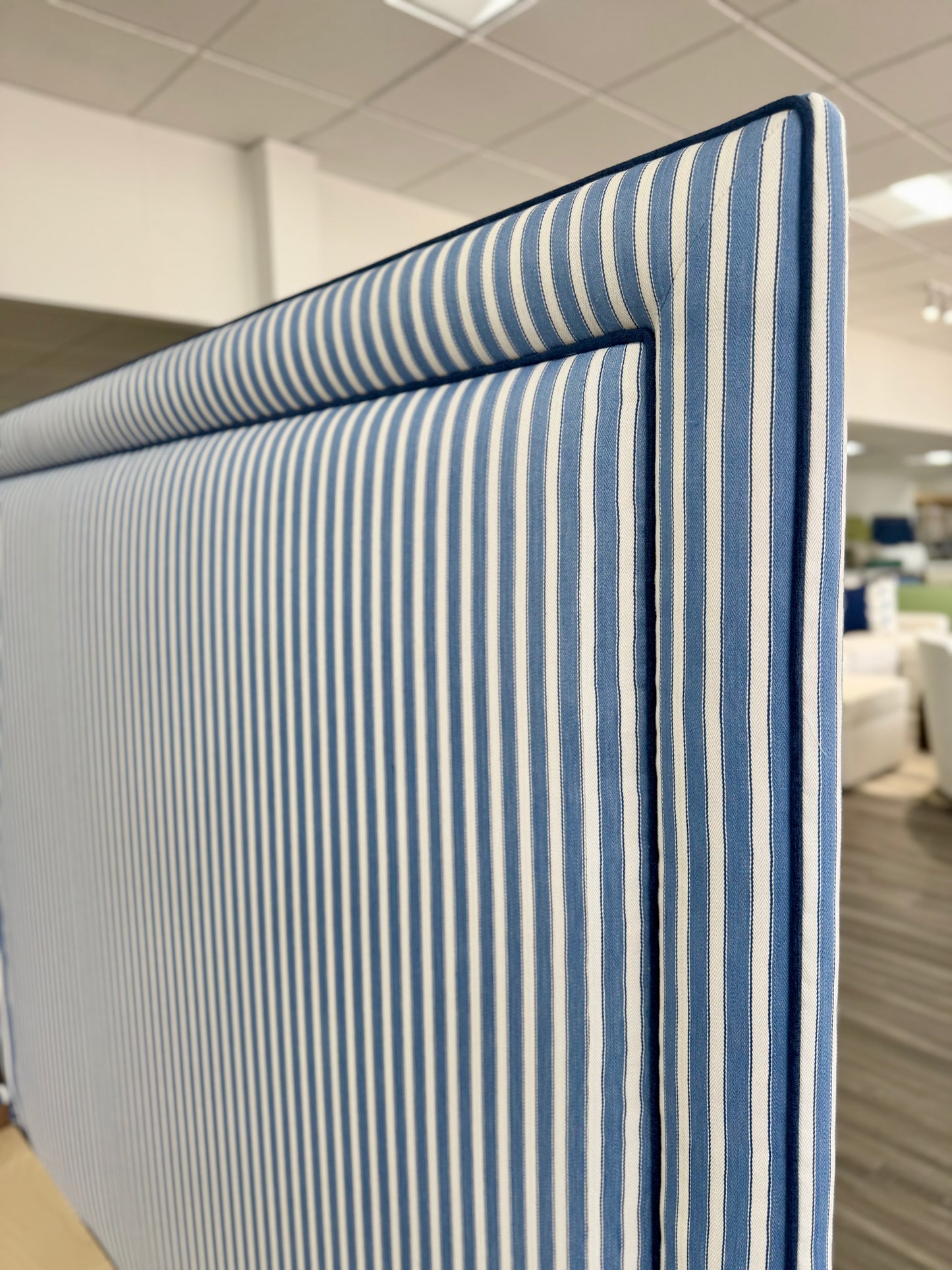 The Jacob Queen Bed - Schumacher Striped Fabric - Navy Trim
