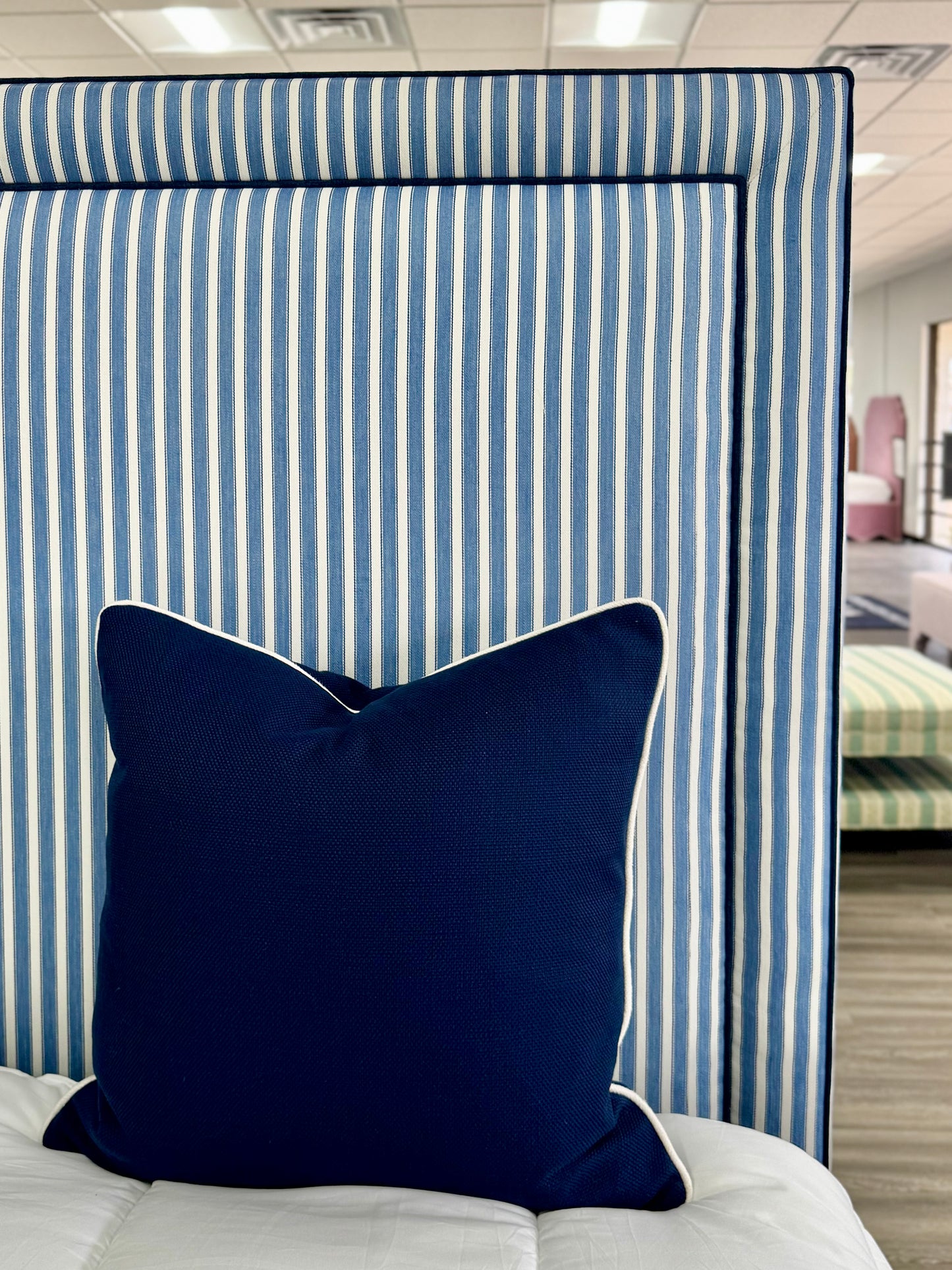 The Jacob Queen Bed - Schumacher Striped Fabric - Navy Trim