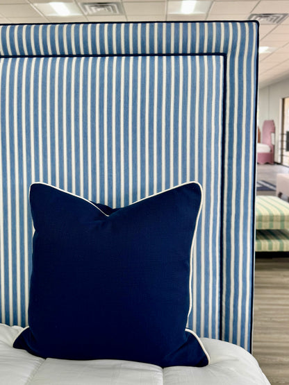 The Jacob Queen Bed - Schumacher Striped Fabric - Navy Trim