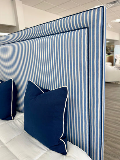 The Jacob Queen Bed - Schumacher Striped Fabric - Navy Trim