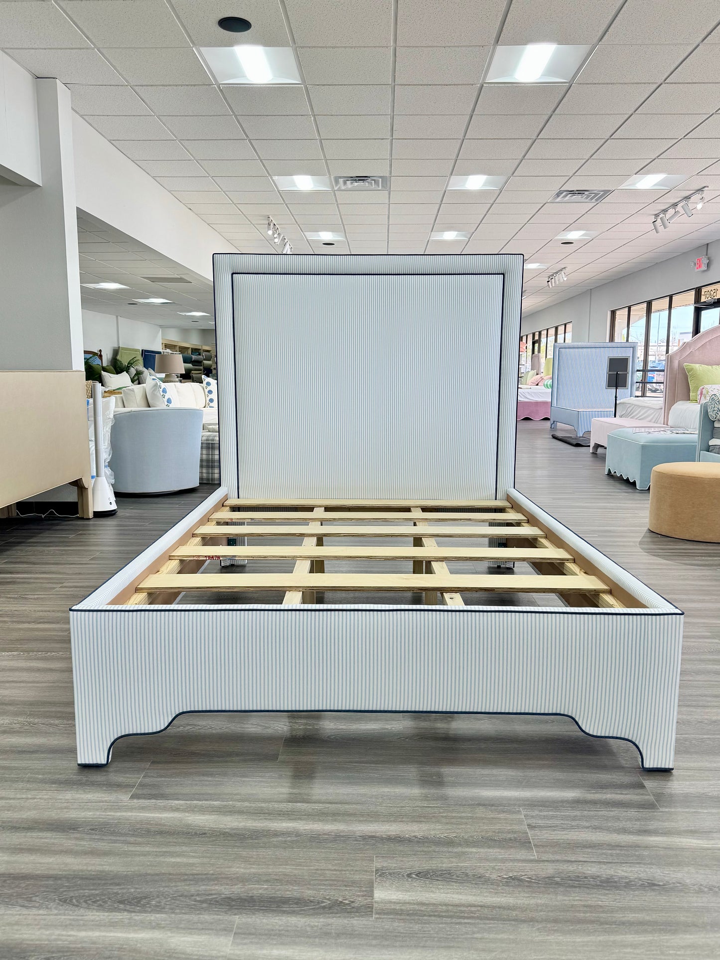 65”H Queen Upholstered Platform Bed - Classic Ticking Blue Fabric - Navy Trim